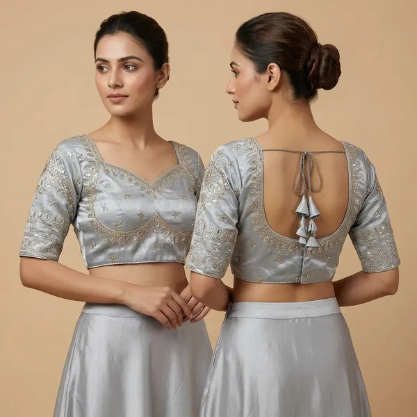 Grey_Silk_V-Neck_Designer_Blouse_For_Women