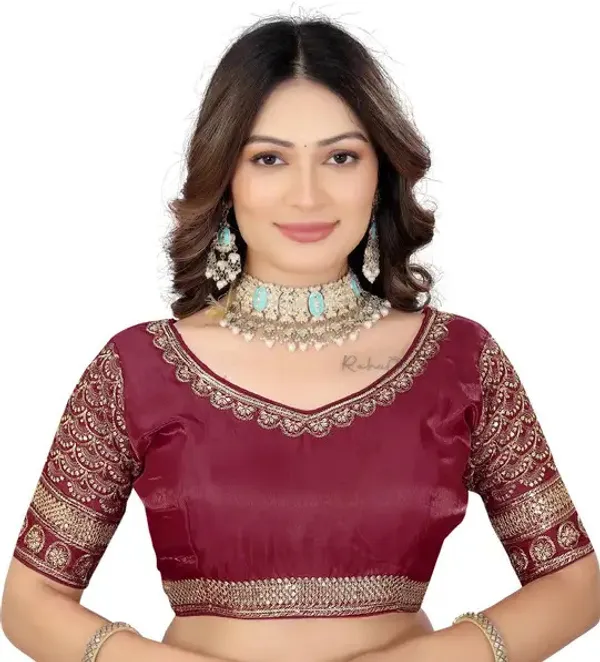 Maroon_Silk_Embroidered_Elbow_Sleeve_Blouse_For_Women