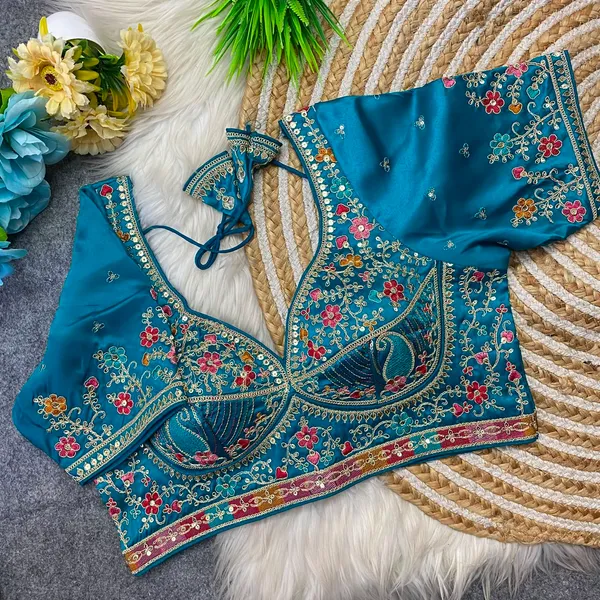 Teal_Blue_Silk_Embroidered_Blouse_For_Women