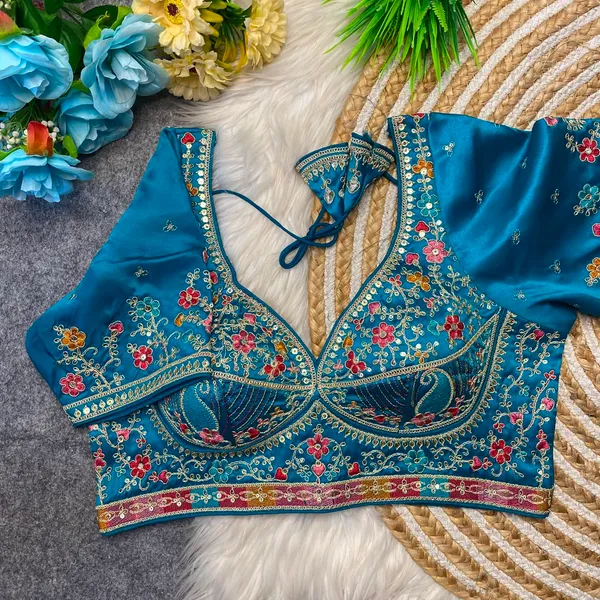 Teal_Blue_Silk_Embroidered_Blouse_For_Women