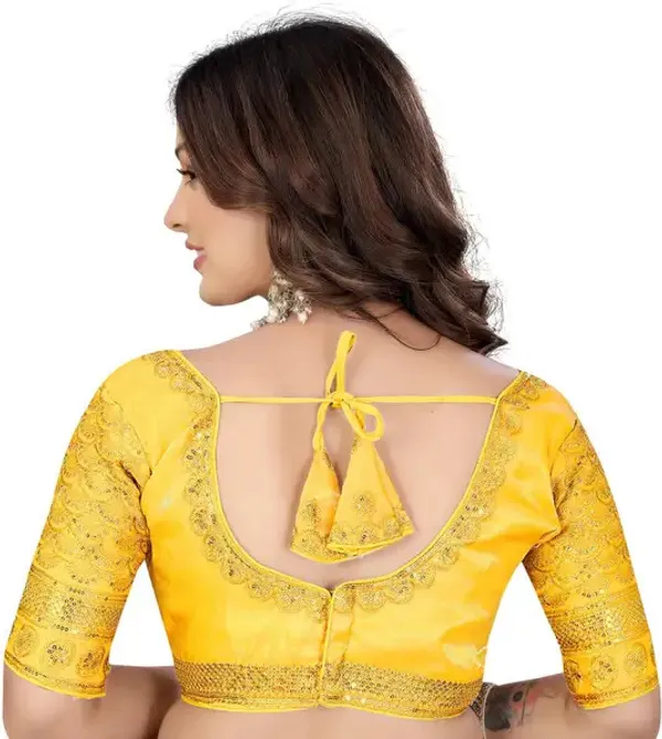 Yellow_Silk_Embroidered_Elbow_Sleeve_Blouse_For_Women