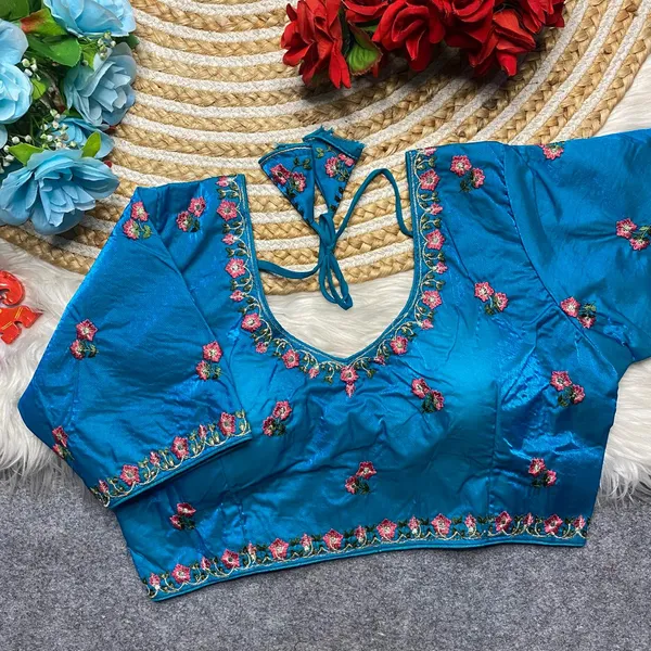 Blue_Silk_Embroidered_Floral_Blouse_For_Women