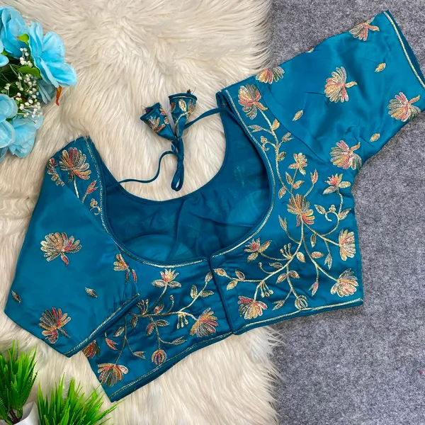 Teal_Blue_Silk_Embroidered_Floral_Blouse_For_Women