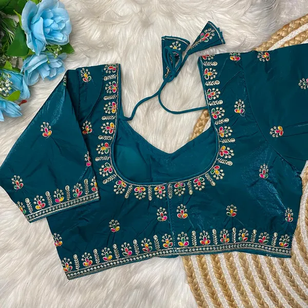 Teal_Silk_Embroidered_Blouse_For_Women