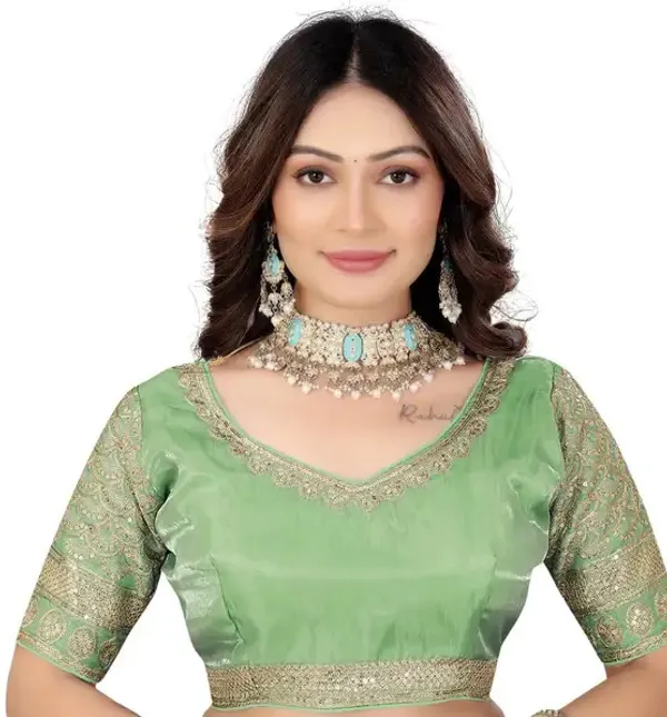 Green_Silk_Embroidered_V-Neck_Blouse_For_Women