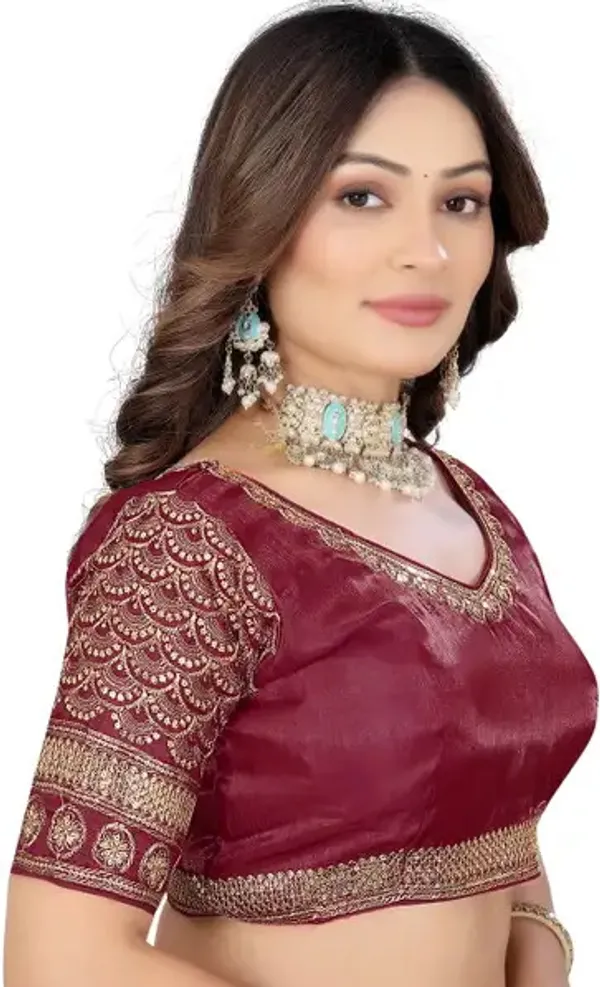 Maroon_Silk_Embroidered_Elbow_Sleeve_Blouse_For_Women
