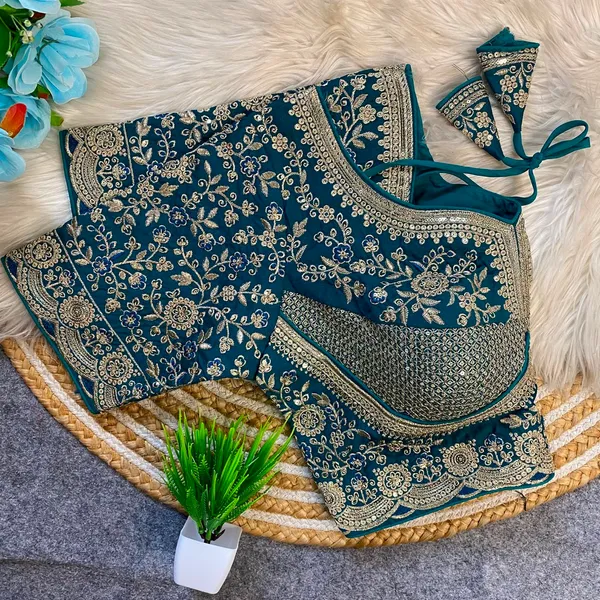 Teal_Blue_fendy_Silk_Embroidered_Floral_design_Blouse_For_Women