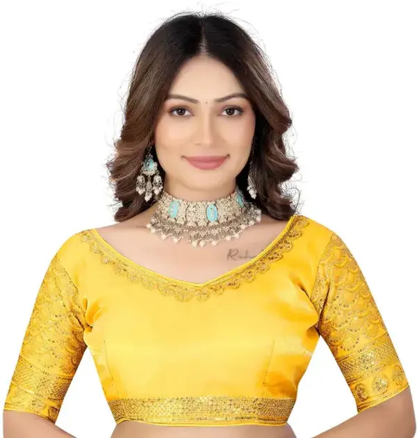 Yellow_Silk_Embroidered_Elbow_Sleeve_Blouse_For_Women