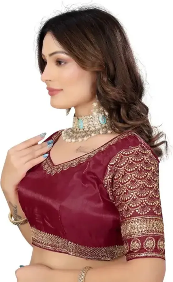 Maroon_Silk_Embroidered_Elbow_Sleeve_Blouse_For_Women