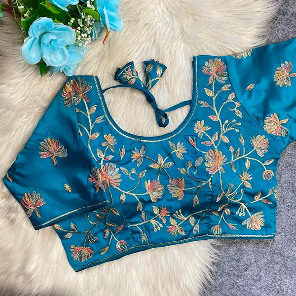 Teal_Blue_Silk_Embroidered_Floral_Blouse_For_Women