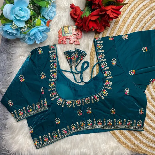 Teal_Silk_Embroidered_Blouse_For_Women