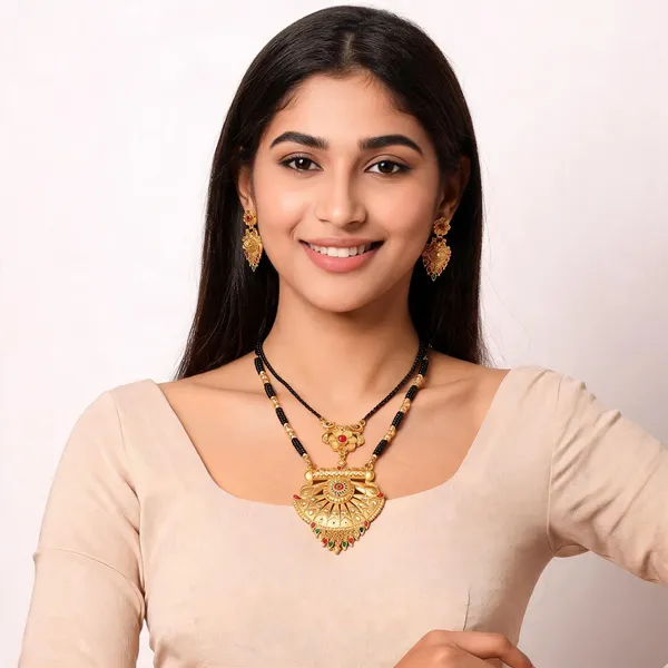 Gold_And_Black_Alloy_Beaded_Peacock_Mangalsutra_Necklace_Set_With_Earrings_For_Women