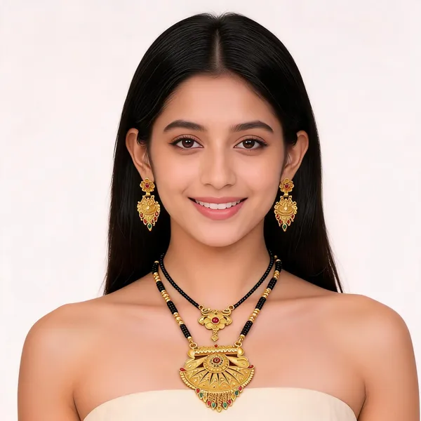 Gold_And_Black_Alloy_Beaded_Peacock_Mangalsutra_Necklace_Set_With_Earrings_For_Women