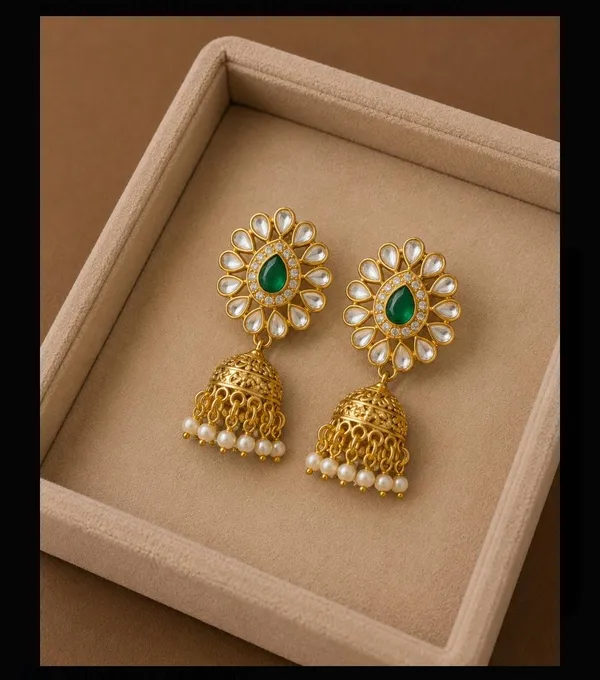 Gold_And_Green_Alloy_Kundan_Pearl_Jhumka_Earrings_For_Women