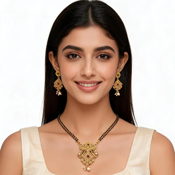 Gold_And_Black_Alloy_Beaded_Mangalsutra_Set_With_Earrings_For_Women