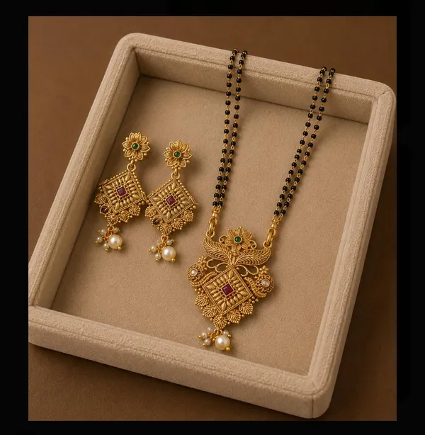 Gold_And_Black_Alloy_Beaded_Mangalsutra_Set_With_Earrings_For_Women
