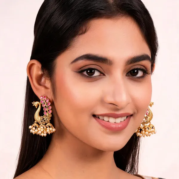 Gold_And_Pink_Alloy_Peacock_Pearl_Drop_Earrings_For_Women