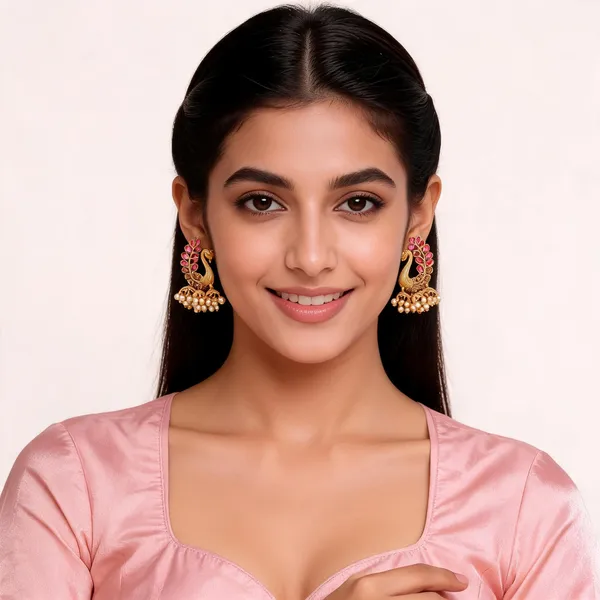 Gold_And_Pink_Alloy_Peacock_Pearl_Drop_Earrings_For_Women