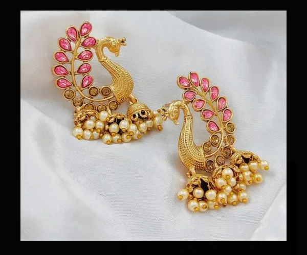 Gold_And_Pink_Alloy_Peacock_Pearl_Drop_Earrings_For_Women