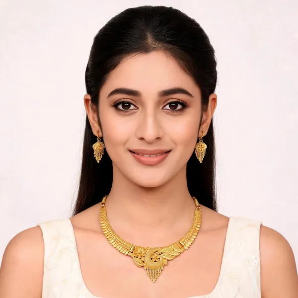 Gold_Alloy_Filigree_Peacock_Choker_Necklace_Set_With_Earrings_For_Women