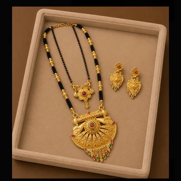 Gold_And_Black_Alloy_Beaded_Peacock_Mangalsutra_Necklace_Set_With_Earrings_For_Women