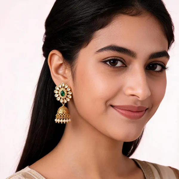 Gold_And_Green_Alloy_Kundan_Pearl_Jhumka_Earrings_For_Women