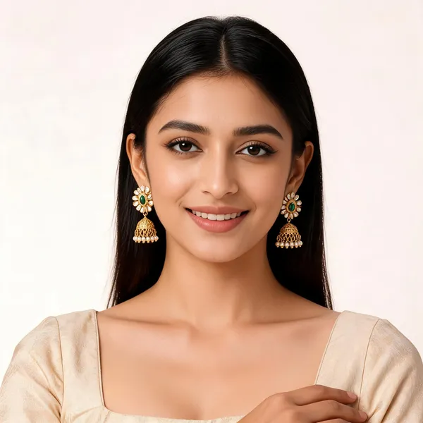 Gold_And_Green_Alloy_Kundan_Pearl_Jhumka_Earrings_For_Women