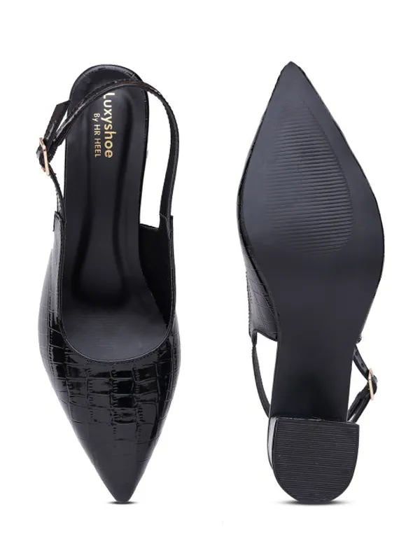 Black_Croc_Print_Pointed_Toe_Slingback_Block_Heels_For_Women