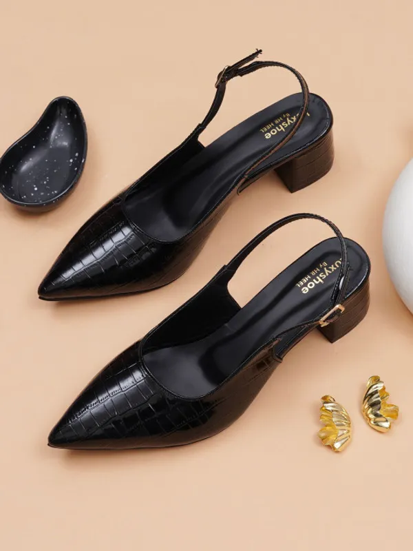 Black_Croc_Print_Pointed_Toe_Slingback_Block_Heels_For_Women