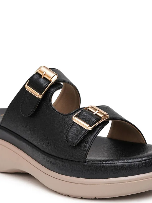 Black_Faux_Leather_Double_Buckle_Platform_Slide_Sandals_For_Women
