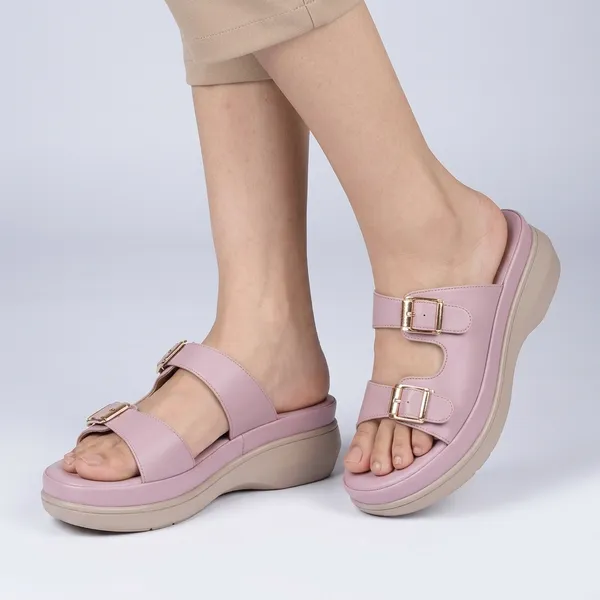 Pink_Faux_Leather_Dual_Buckle_Wedge_Sandals_For_Women