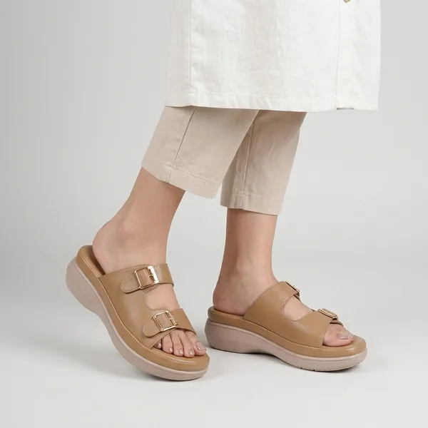 Tan_Faux_Leather_Double_Buckle_Wedge_Sandals_For_Women