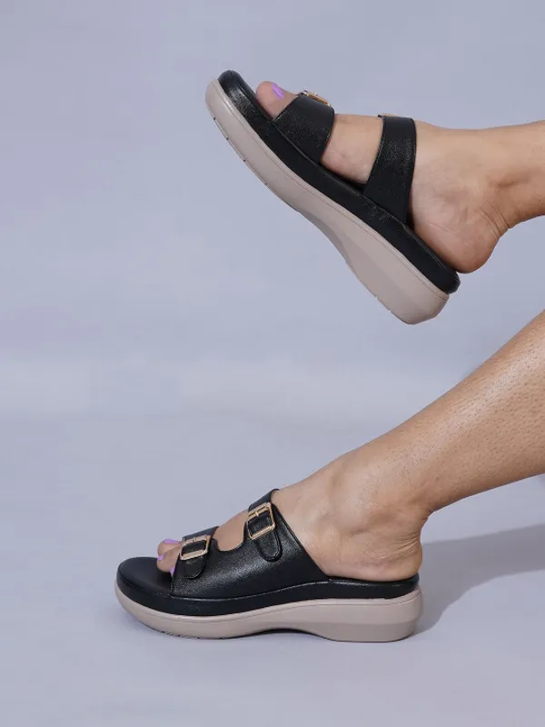 Black_Faux_Leather_Double_Buckle_Platform_Slide_Sandals_For_Women