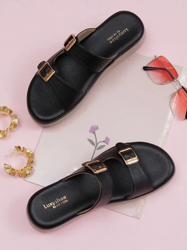 Black_Faux_Leather_Double_Buckle_Platform_Slide_Sandals_For_Women