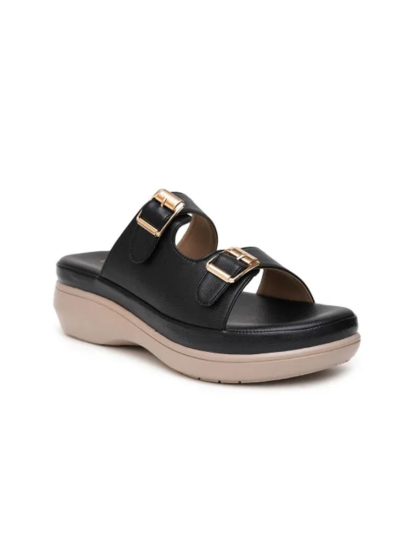 Black_Faux_Leather_Double_Buckle_Platform_Slide_Sandals_For_Women
