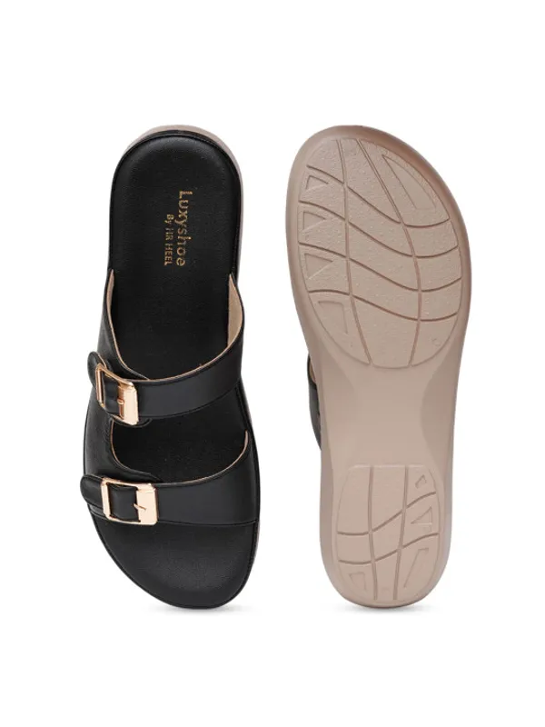 Black_Faux_Leather_Double_Buckle_Wedge_Sandals_For_Women
