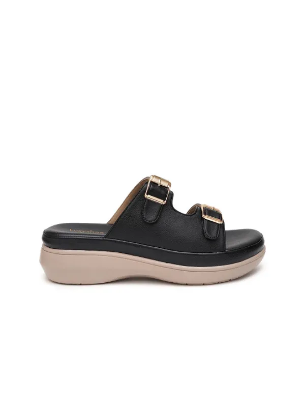 Black_Faux_Leather_Double_Buckle_Wedge_Sandals_For_Women