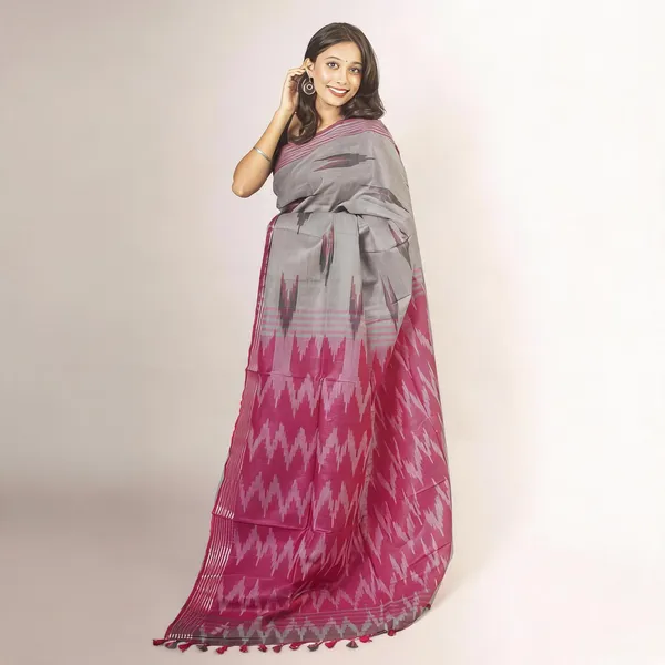 Pink_And_Grey_Premium_Cotton_Slub_Saree_For_Women