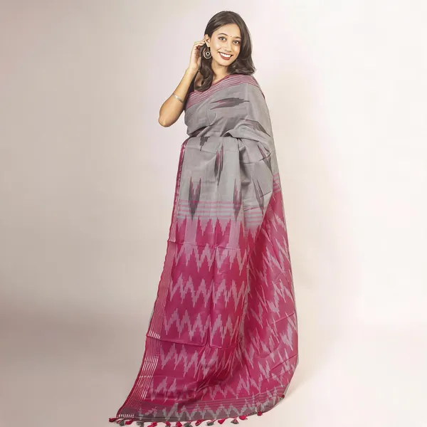 Pink_And_Grey_Premium_Cotton_Slub_Saree_For_Women