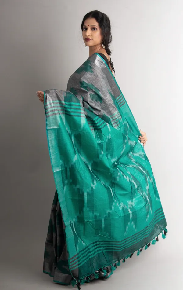 Green_And_Grey_Premium_Cotton_Slub_Saree_For_Women