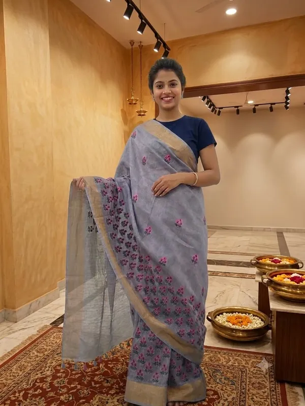 Bluish-Grey_Silk_Linen_Saree__With__Pink_Floral__Embroidery_
