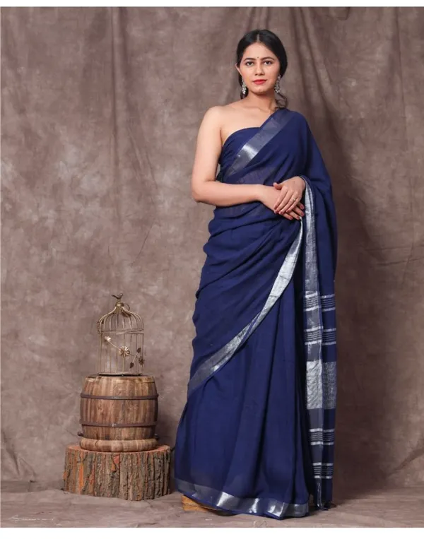 Navy_Blue_Premium_Cotton_Linen_Saree_For_Women