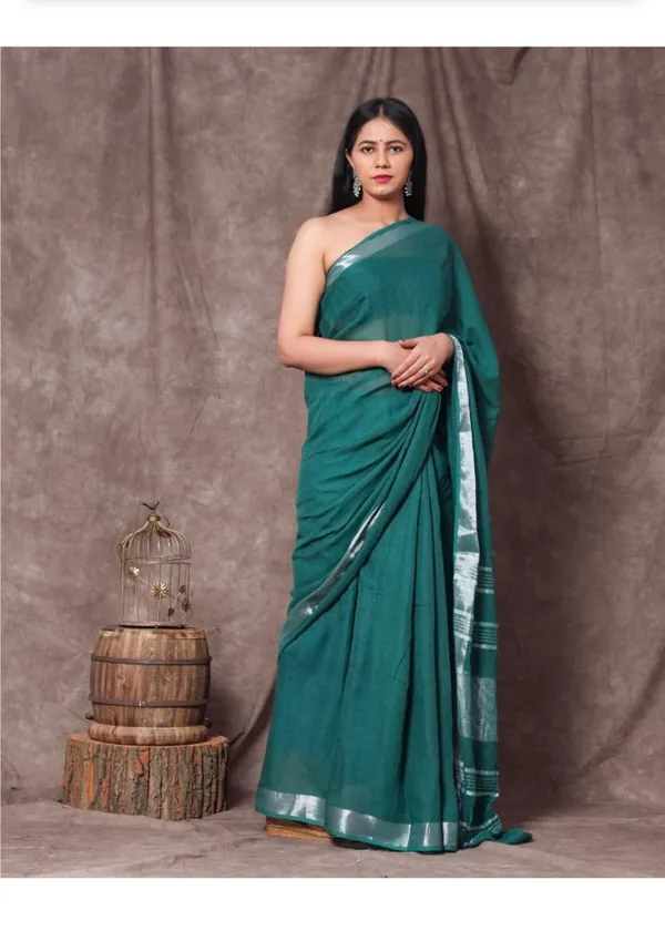 Teal_And_Silver_Premium_Cotton_Linen_Saree_For_Women