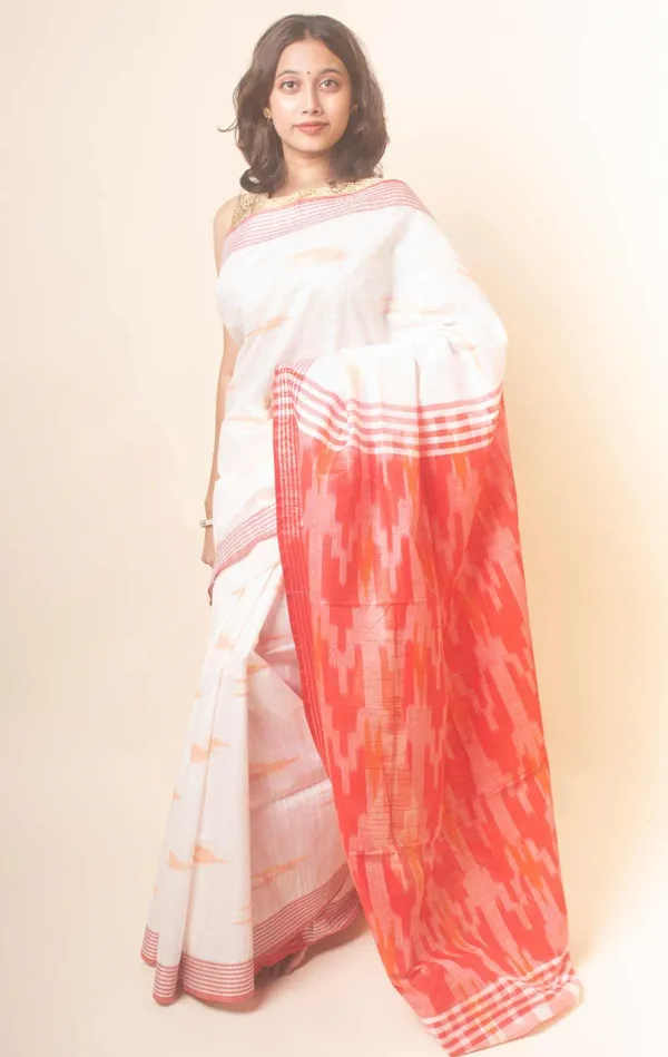 White_And_Red_Premium_Cotton_Slub_Saree_For_Women