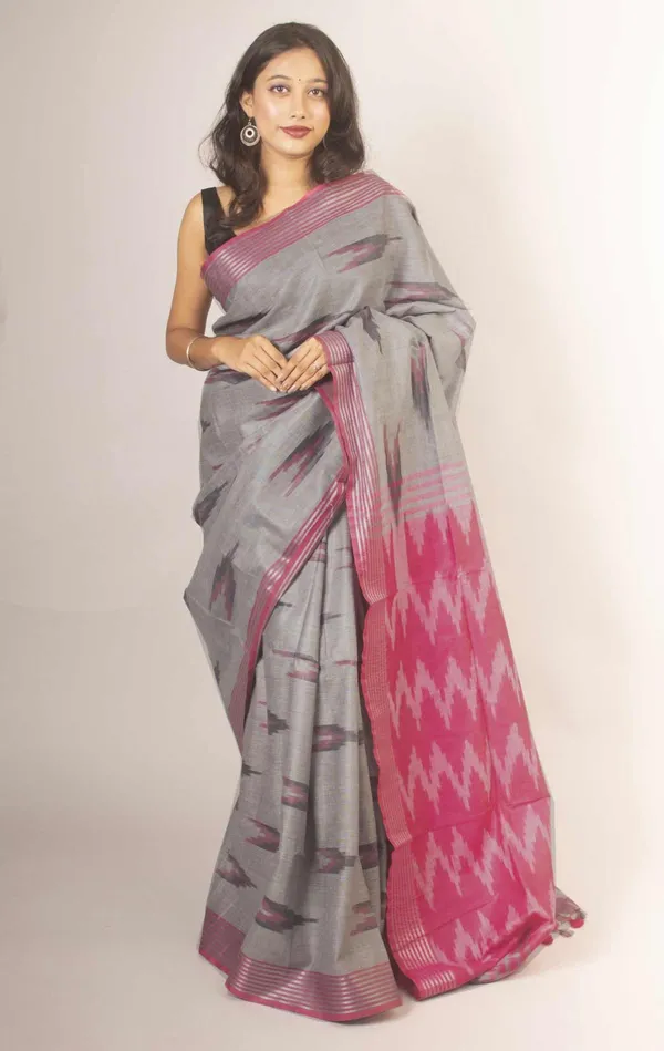 Pink_And_Grey_Premium_Cotton_Slub_Saree_For_Women