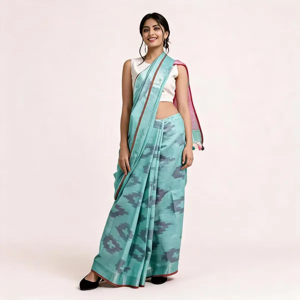 Pink_And_Turquoise_Premium_Cotton_Slub_Saree_For_Women
