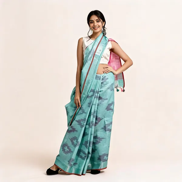 Pink_And_Turquoise_Premium_Cotton_Slub_Saree_For_Women