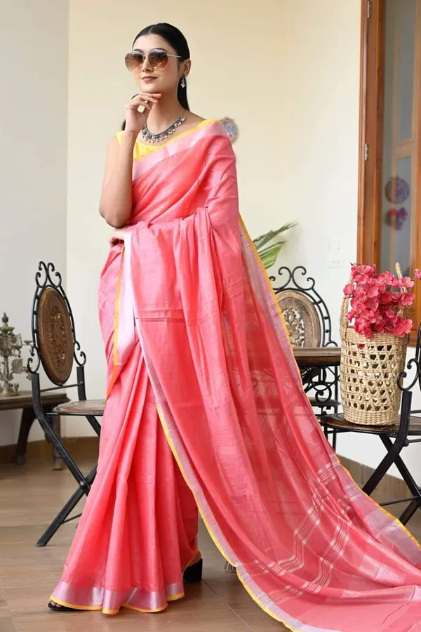 Yellow_And_Pink_Premium_Cotton_Linen_Saree_For_Women