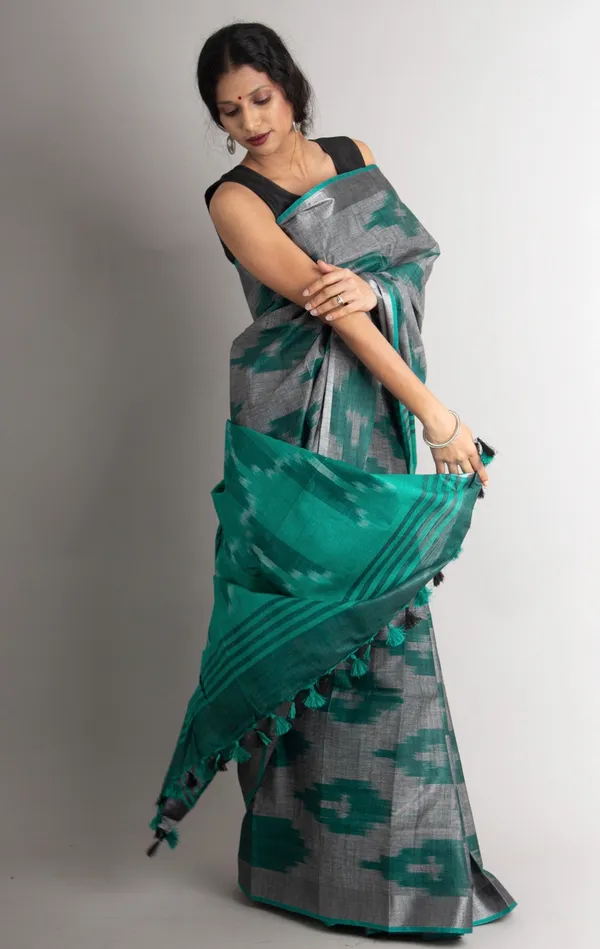 Green_And_Grey_Premium_Cotton_Slub_Saree_For_Women
