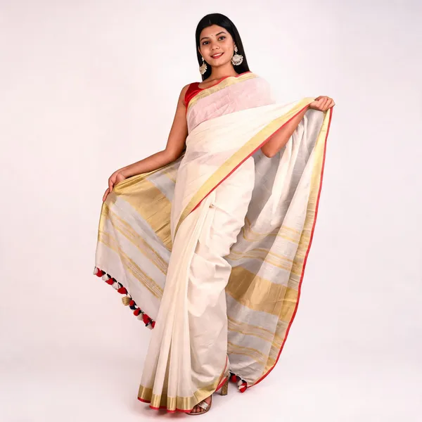 White_And_Golden_Premium_Cotton_Linen_Saree_For_Women